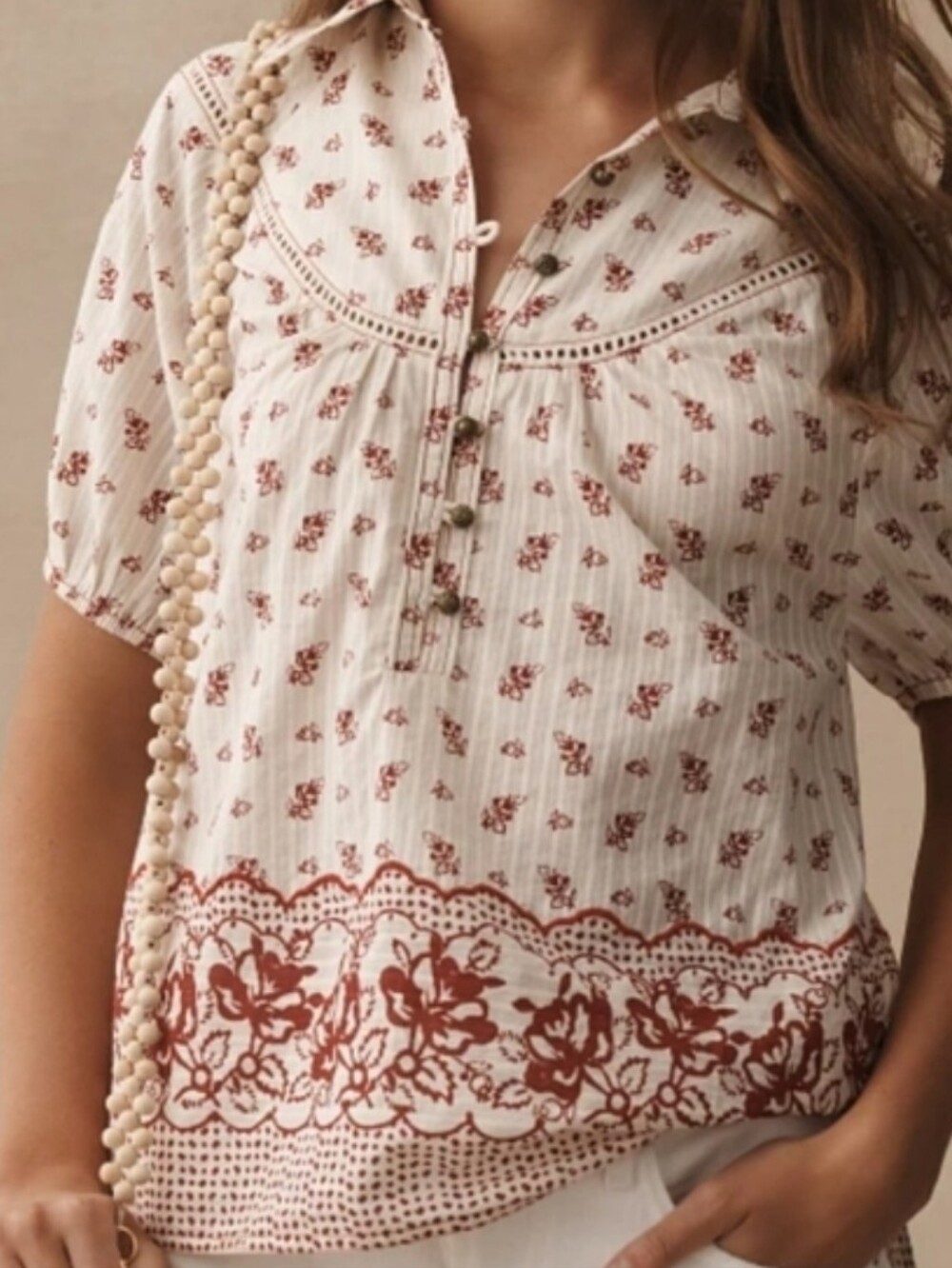 Pilcro Anthropologie Boho Puff Sleeve Milkmaid 100% Cotton Natural Ditsy Floral